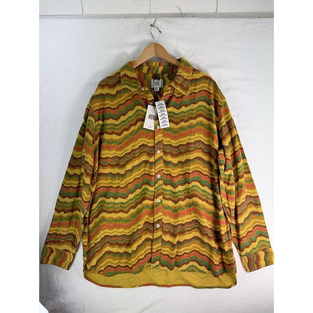 BDG Shirt‎ Mens Large Yellow Green Red Wave Stripe Button Up Urban Outfitters